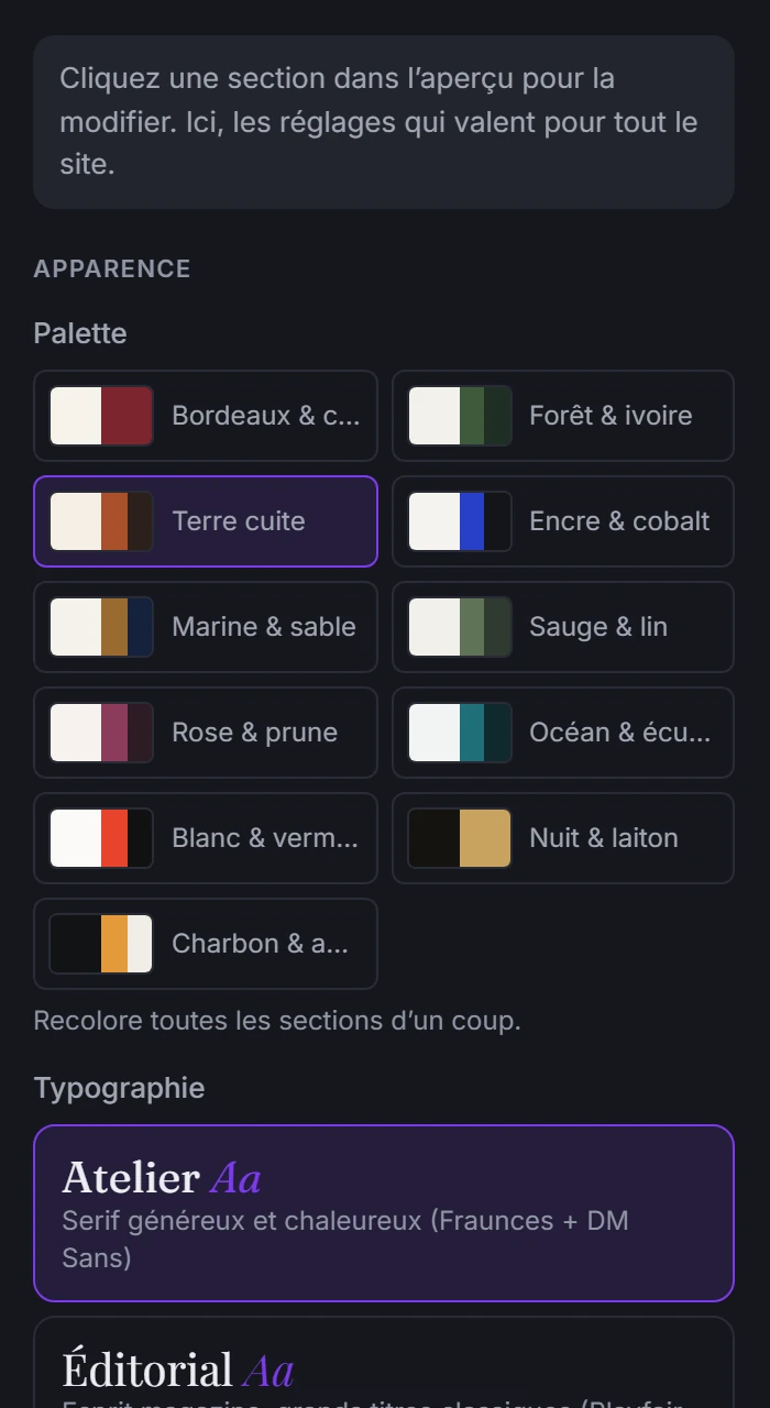 Le panneau Apparence de l’éditeur Simplisite