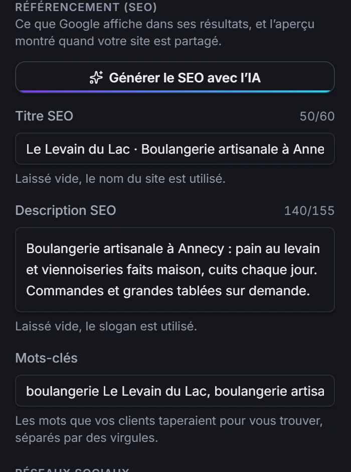 Le panneau Référencement de l’éditeur Simplisite