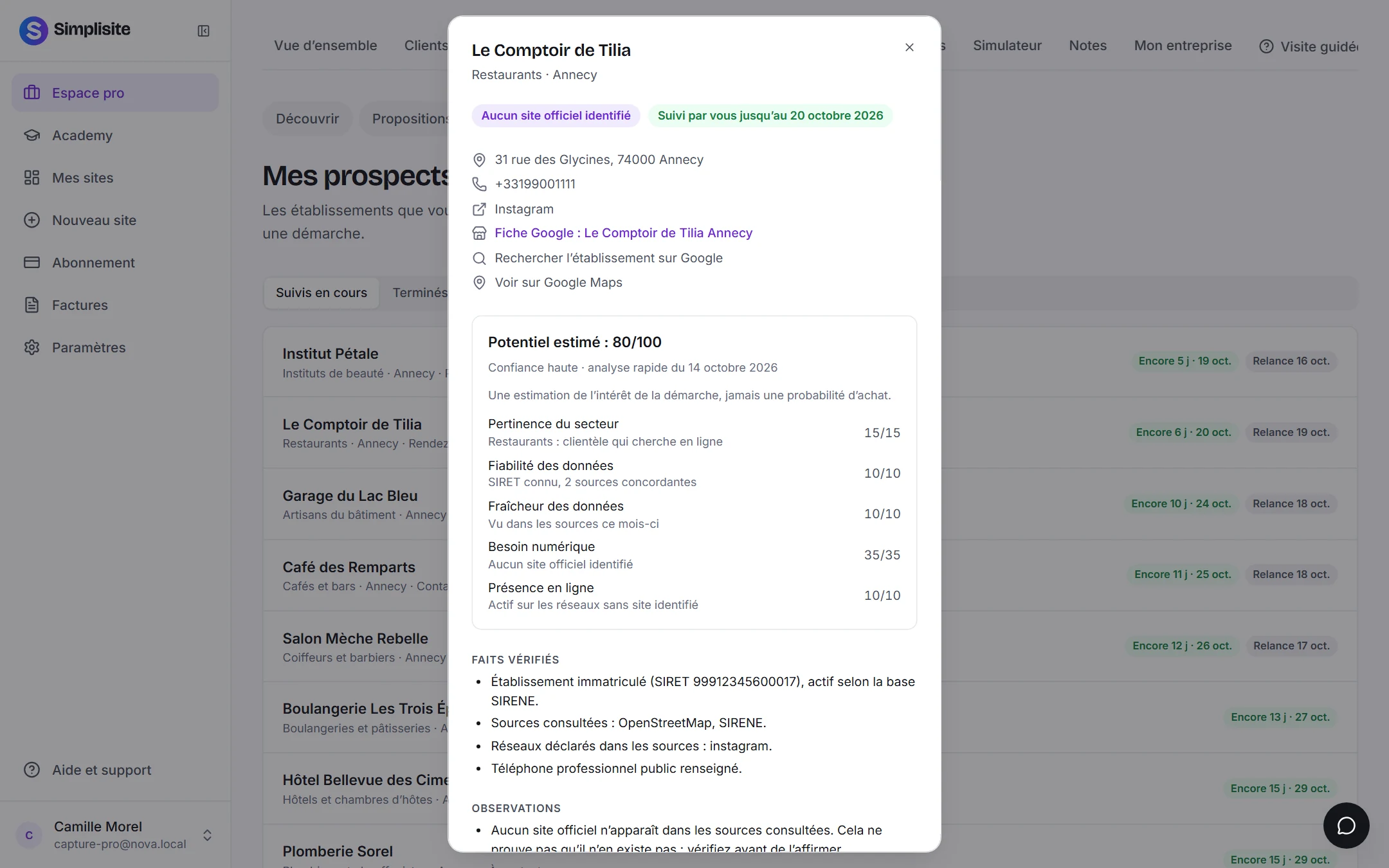 La fiche d’un restaurant sans site : potentiel estimé à 80 sur 100 avec une confiance haute, expliqué ligne par ligne, puis les faits vérifiés
