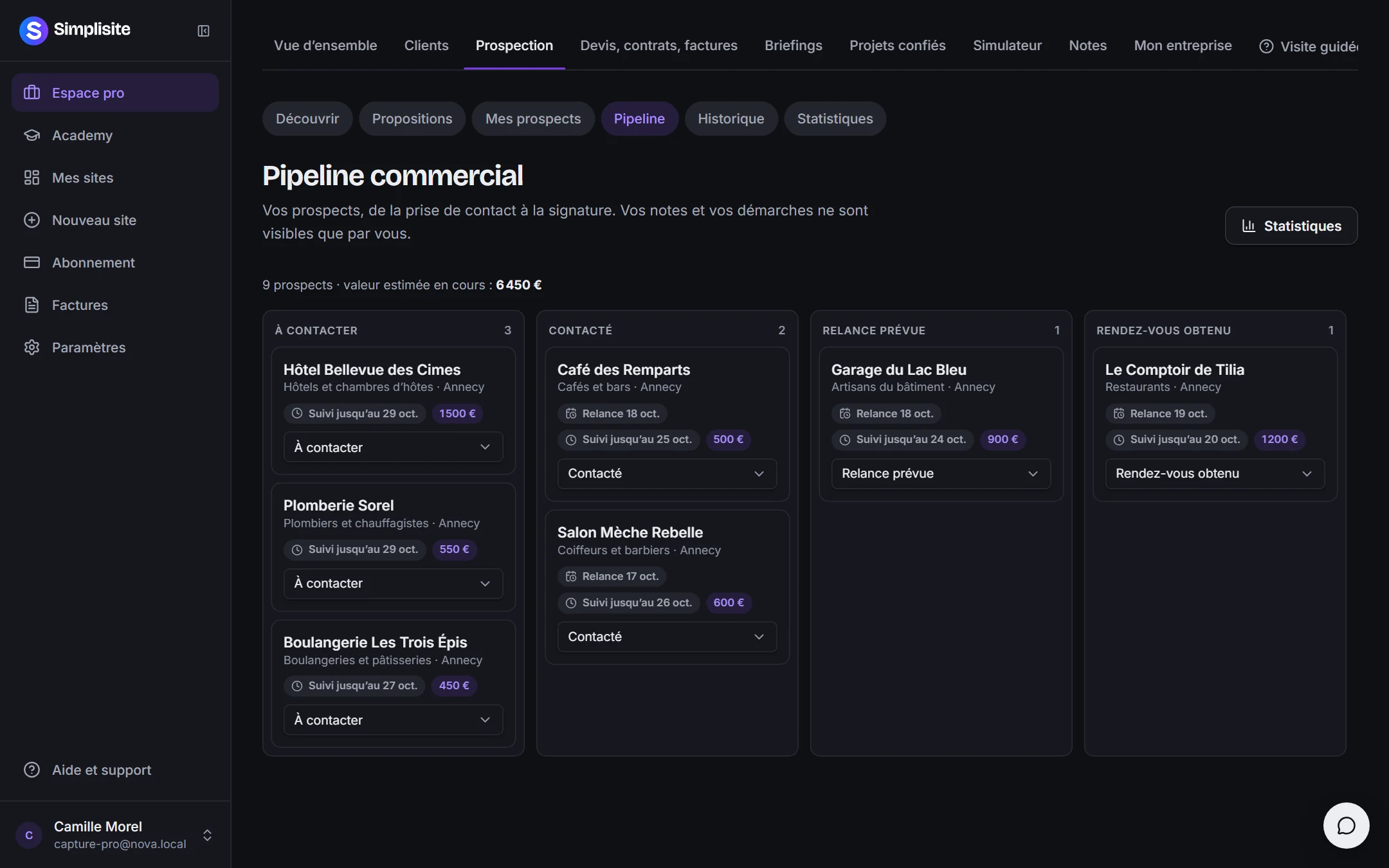 Le pipeline de la prospection : neuf établissements répartis en colonnes, de « À contacter » à « Rendez-vous obtenu », avec relance, échéance et valeur estimée