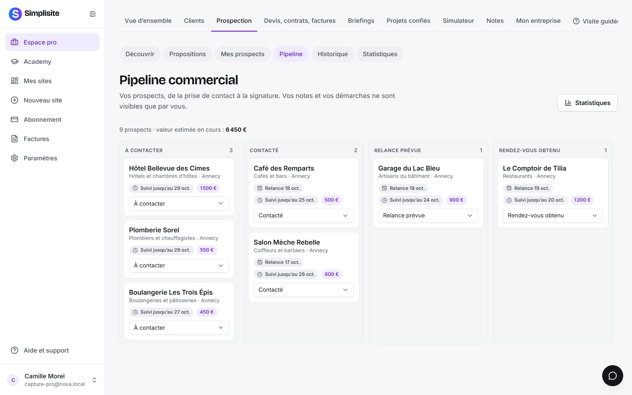 Le pipeline de la prospection : neuf établissements répartis en colonnes, de « À contacter » à « Rendez-vous obtenu », avec relance, échéance et valeur estimée