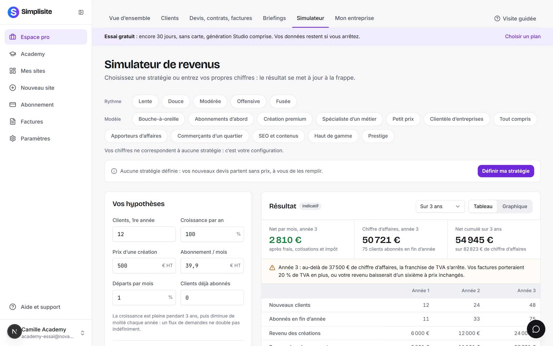 Le simulateur de revenus de l’espace pro : choix de stratégie, hypothèses modifiables et résultat à trois ans